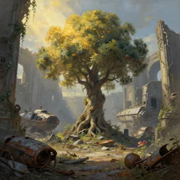 tree growing in ancient sci - fi ruins, gray wasteland, scrap spaceships, rusted junk, rubble, pillars, flowers, vines, hyperrealistic, highly detailed, cinematic, single ray of golden sunlight, beautiful, cgssociety, artstation, 8 k, oil painting by greg rutkowski, by artgerm, by wlop