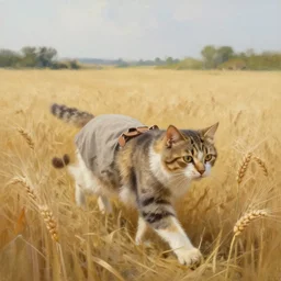 cat in farmer cloths, walking in the wheat field, nature landscape on the background, sharp deep, oil art
