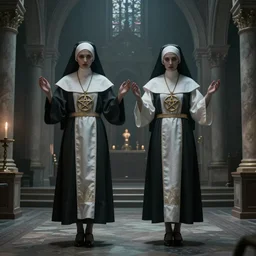 award winning photo Floating twin nuns wearing pentgram necklace, Very long arms, in a sanctuary, eerie, frightening —width 1024 —height 1024