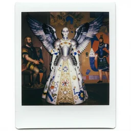 polaroid still symmetry frame from Alien Covenant movie by Takashi Murakami, Count Orlok wearing Polish Winged Hussars armor made with porcelain dressed by Salvatore Ferragamo and by Chanel, haute couture painted by Peter Paul Rubens and by John Baeder by Jean-Michel Basquiat, editorial fashion photography, from vogue magazine