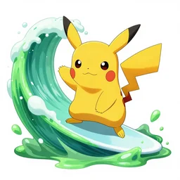 pikachu surfing on a wave made of green slime, pokemon tcg image, trending on artstation