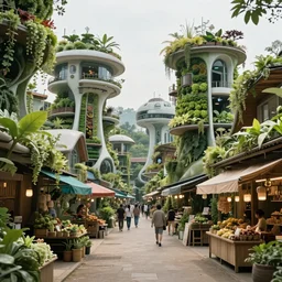 futuristic village marketplace,  with biomimetic architecture, vertical vegetable gardens, in a village street, depth of field, XF IQ4, 150MP, 50mm, F1.4, ISO 200, 1/160s, natural light