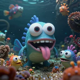 of an intricate sea cavern with colorful cute funny marine creatures with huge eyes, long tongue, square teeth and funny face appearing from murky waters, in the style of charles vess, macro lens, shallow depth of field, highly detailed, digital painting, trending artstation, concept art, illustration, cinematic lighting, vibrant colors, photorealism, epic, sharp focus, octane render
