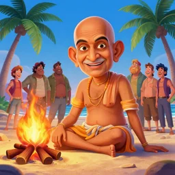 big head gandhi at the beach, sitting on the sand next to a campfire, with palm trees in the back, disney, by artgerm, ilya kuvshinov katsuhiro villeneuve, jeremy lipkin and michael garmash and rob rey, by tristan eaton, stanley artgermm, tom bagshaw, greg rutkowski, carne griffiths, concept artwork, 3 d render, official art, promotional art, beautifully backlit, vibrant colour lines, detailed skin