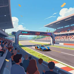 wide angle lens shot of a futuristic racetrack finish line from the attendee stands with confetti on a sunny day with a clear blue sky, cyberpunk, vibrant colors, illustration, digital painting
