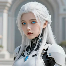 detailed portrait of perfect white haired girl, android, warframe armor, beautiful, dreamy, pretty face, blue cyborg, eyes, scifi, temple background, blue, gold, sun yunjoo, ultra realistic, aura of light, cinematic lighting, highly detailed, sharp focus, masterpiece, art by won kim