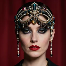 an 8 0 s close - up portrait of a woman with dark eye shadow and red lips with dark slicked back hair, a mask of beads and jewels hanging from a crown by serge lutens, rolf armstrong, delphin enjolras, peter elson, background of classic red cloth