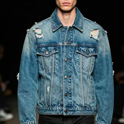 an award - winning closeup editorial photo of a male model wearing a teal distressed baggy medieval denim menswear jacket by alexander mcqueen, 4 k, studio lighting, wide angle lens