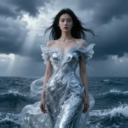 dress made of wind clouds, liquid, asian woman, solemn, female, rising from ocean, high detail, high contrast, extreme close up portrait, stormy seas, beautiful, bokeh, storm clouds, god rays, d & d, fantasy, elegant, silver blue color palette, concept art, roger deakins, greg rutkowski, alphonse mucha