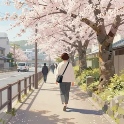 i walk in tachikawa - shi, tokyo. volumetric lighting, spring, nice weather, realistic illustration, perfectly shaded, soft painting, art by leonid afremov