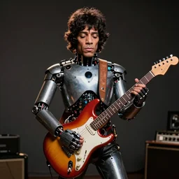 Jimmy Hendrix as a robot holding a futuristic electric guitar
