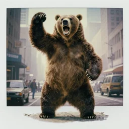 very realistic! epic pose!!!  bulky oversized  grizzly bear screaming flexing  ,in busy city , full body , Cinematic focus, Polaroid photo, vintage , neutral dull colors, soft lights, foggy mist ,  by oleg oprisco , by national archives,  by discovery channel, by victor enrich , by gregory crewdson