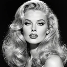 stunning award - winning portrait of a beautiful blonde woman by herb ritts. long curly glossy hair and makeup. vintage glamour. lips that look like latex. supermodel. high fashion black and white photography. retro makeup. vogue. canon 5 0 mm f / 1. 6