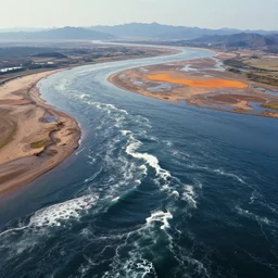 wide shot photo of river delta and sea waves by hiroshi yoshida, roger deakins, turner, rothko, full height fluid simulation in houdini, distant mountain range, hyperrealism, highlands, matte painting, prometheus, unknown pleasures, top view, graphic design, trending on artstation, 8 k very hight detail, concept art, rendered in octane
