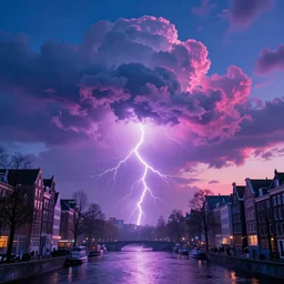 apocalyptic amsterdam with psychedelic clouds in the year 2 1 4 5. 4 k blue pink purple. ambient lightning, haze, fog, glow, sunset, digital art, neon.
