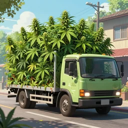 an intricate concept art illustration of an undergrowth cannabis truck in street, no people, yuumei art color palette, anime style, global illumination, digital art, photorealistic movie still, style ivan talavera and artgerm, hyper realistic, photorealistic, octane render, trending on artstation, cgsociety, cinematic light, 8 k