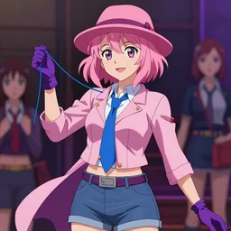 a girl, with a wavy short pink hair and pink fedora hat, wearing a light pink jacket with a blue tie, purple gloves and blue jeans shorts. She is holding blue strings on her hand, rich vivid colors, ambient lighting, dynamic lighting, 4k, official media, anime key visual, makoto shinkai, ilya kuvshinov, lois van baarle, rossdraws, detailed, trending on artstation