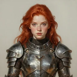 a photorealistic painting of an attractive young redheaded girl, partially clothed in metal-plated battle armor, olive skin, long dark hair, beautiful bone structure, symmetrical face, perfect eyes, intricate, elegant, digital painting, concept art, illustration, sharp focus, minimal artifacts, from Metal Gear, in the style of Ruan Jia and Mandy Jurgens and Greg Rutkowski, trending on Artstation, award winning