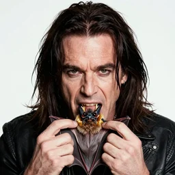 a masterpiece portrait photo of ozzy osbourne eating a bat, mary elizabeth winstead symmetrical face