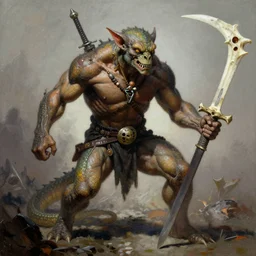 dog-faced muscular goblin, lizard tail, holding scimitar made of bone, drawn by Frank Frazetta