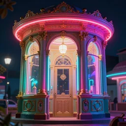 Neoclassical Gas station, illustrated by Greg Rutkowski and Gaston Bussiere, 35mm lens, beautiful macro close-up imagery, vibrantly lush neon lighting, beautiful volumetric-lighting-style atmosphere, a futuristic atmosphere, intricate, detailed, photorealistic imagery, trending on artstation, 4k, 8k