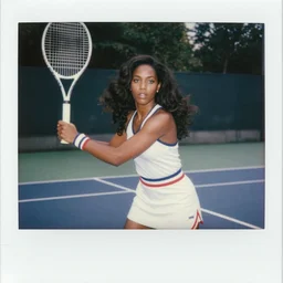 a medium full shot, german and eastern european mixture polaroid photograph depicting a black woman with dark brown skin, long, swirling black hair, and jade colored eyes, playing tennis. she is wearing wearing a classicist outfit in 1 9 8 2.