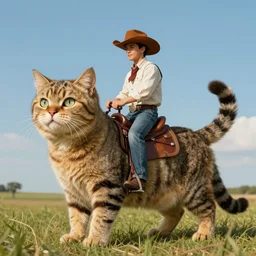a cowboy riding a giant cat, color, surreal