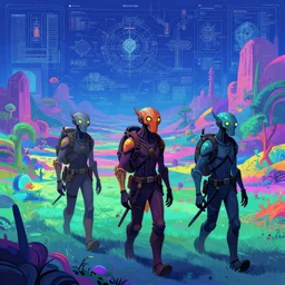 adventuring party of 3 gamma world mutants walking through a psychedelic landscape, in the style of Rob Lefield and Dan Mumford , trending on artstation, digital art,surrealism ,macro,blueprint ,vaporwave ,
