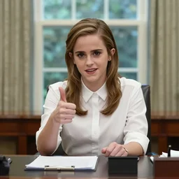 emma watson wearing a dress shirt, giving thumbs up at her desk in the oval office