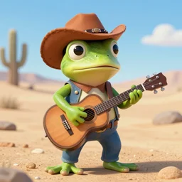 an frog wearing cowboy outfit and holding an mini guitar in a desert