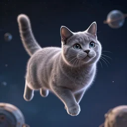 a beatiful cute Russian blue cat floating in outer space, photorealistic, octane render, blender cycles engine, volumetric lighting, astrophotography, 4k ultra hd, HDR, detailed