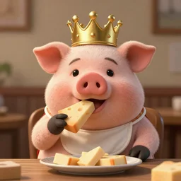 realistic photo of a cute puppet pig wearing a gold crown eating cheese wedges at a table with a bib on, high quality, cinematic concept art
