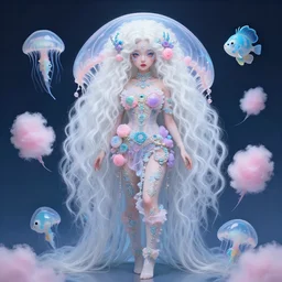 beautiful korean jelly fish woman with white curly hair and pastel smeared makeup, ornate details, cotton candy, angler fish, extremely detailed, sharp focus, wide view, full body shot, smooth, digital illustration, by, james jean!!!!!, by rossdraws, frank franzzeta, sakimichan, jeremy lipking