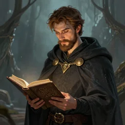 Young John Malkovich with short brown hair and brown beard in a cloak half-elf Divination Wizard studying a spellbook Pathfinder character art d&d character portrait