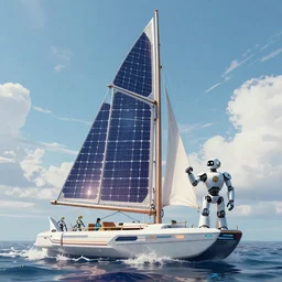 Marvel!! comic style futuristic sailboat with solar sales and robot! captain!, digital art, 8k
