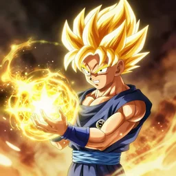 super saiyan shiba into with glowing hair, holding an energy sphere