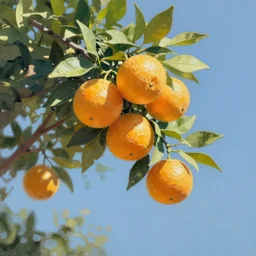 brunch of orange tree against bright blue sky closeup, oil paint