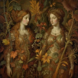 breathtaking detailed concept art painting blend of two goddess of autumn by volegov, vintage illustration pattern with bizarre compositions blend of plants and stems and leaves by john howe, exquisite detail, extremely moody lighting, 8 k