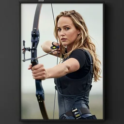 jennifer lawrence holding a bow and arrow in her hand, a poster by martin schoeller, cgsociety, photorealism, associated press photo, official art, quantum wavetracing