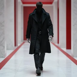 man wearing black cyberpunk coat cybernetic hand metal reflective long spindly fingers, walking down, white marble hallway red details. Scene from Bladerunner 2049 (2017) Artstation trending 720p. detailed wallpaper.