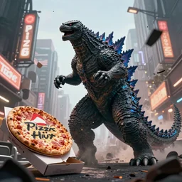 A Pizza Hut under attack by Godzilla