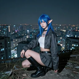 breathtaking photo of an attractive young asian elf woman with pointy ears and blue hair, wearing a jacket, crop top, miniskirt, and knee-high boots, crouching in an endlessly sprawling hazy abandoned city at night, 8K