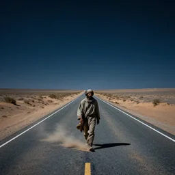 a man in rags walking down a road with no end, night sky, desert on either side, crosswinds stirring up sand and gravel, a few stars, starlight, dadaist painting, highly detailed, 4 k