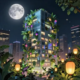 blockchain headquater nendroid ginoid by zdzislaw beksinski and hajime sorayama lush plants, the moon is big an in the city, glowing paper lanterns, high fashion, magic details, by james jean, hd, 8 k, trending on artstation, uhd