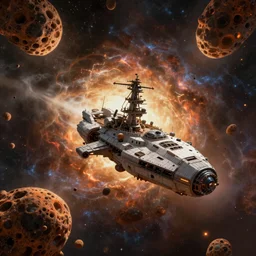 A spaceship navigates through a dense asteroid field and encounters a second pirate ship, digital art by Vincent Di Fate