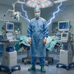 A mixed media painting of a surgeon standing in an operating room, surrounded by new technology, infused with lightning, very aesthetic, dramatic, surgical mask on, surgical gown and scrubs on, by Edward Hopper, Matisse, Picasso, CGsociety, full length, exquisite detail, post-processing, masterpiece, cinematic
