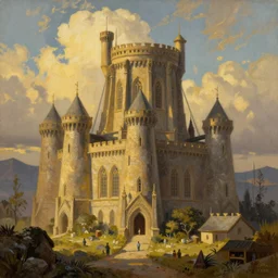 A wide shot of Minas Tirith at golden hour, extra detailed, oil painting