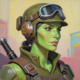 greg manchess close - up portrait painting of a beautiful older female dieselpunk soldier with olive green skin as an overwatch character, medium shot, asymmetrical, profile picture, organic painting, sunny day, matte painting, bold shapes, hard edges, street art, trending on artstation, by huang guangjian and gil elvgren and sachin teng
