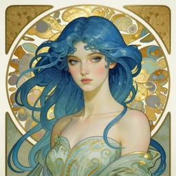 Aphonse Mucha style cyborg girl with blue hair
