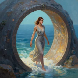 a beautiful painting of a woman emerging from a stargate, by the sea by francesca woodman by octane render blender 8 k isometric dof spot lighting